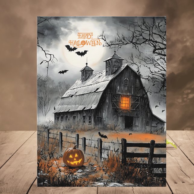 Black & White Haunted Barn Pumpkin Happy Halloween Holiday Postcard (Creator Uploaded)
