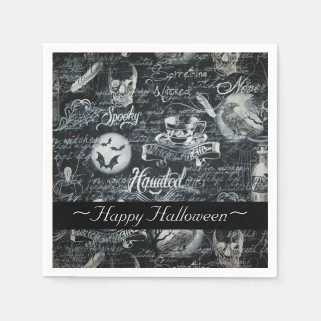 Black & White Haunted Halloween Napkins (Front)