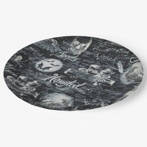 Black  White Haunted Halloween Paper Plates