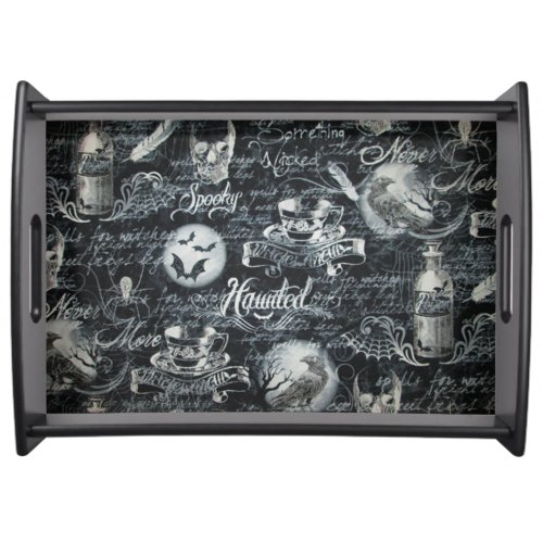 Black  White Haunted Halloween Serving Tray