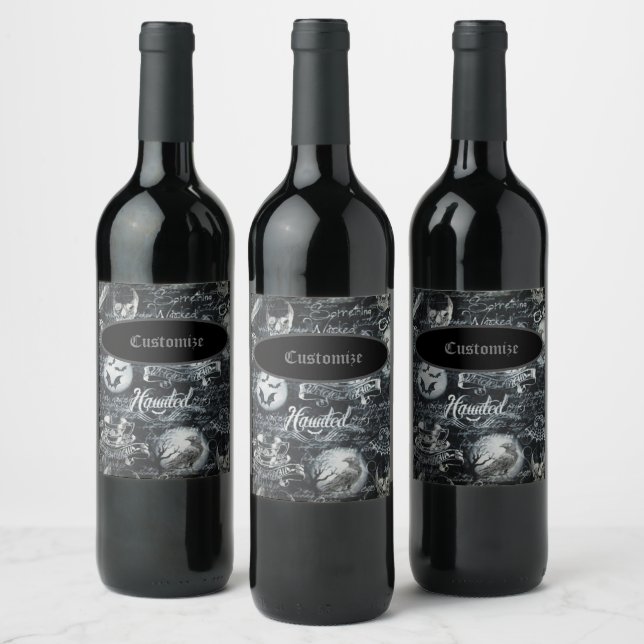 Black & White Haunted Halloween Wine Label (Bottles)