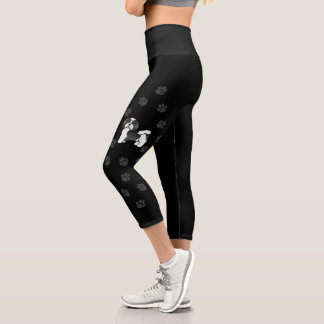 Black &amp; White Havanese Cartoon Dog With Paw Prints Capri Leggings