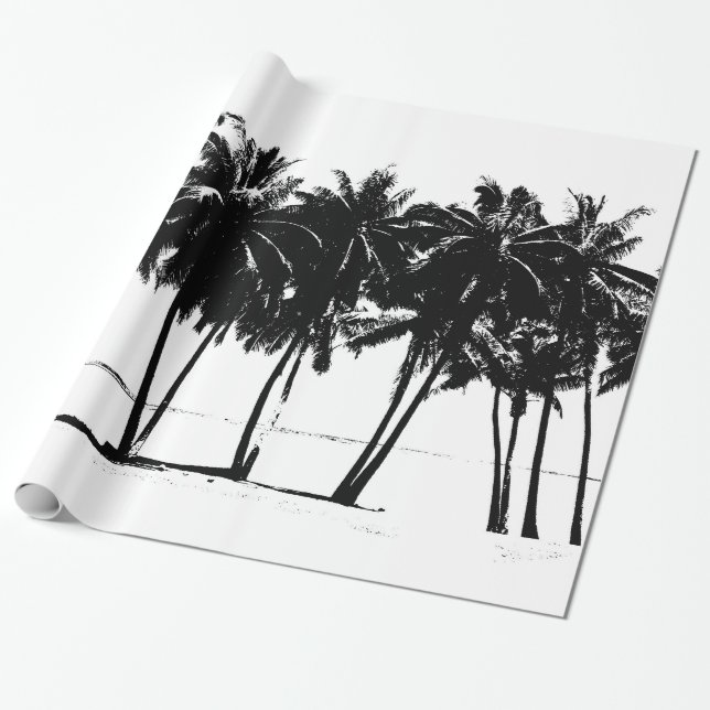 Black & White Hawaiian Exotic Palm Trees & Beach Wrapping Paper (Unrolled)