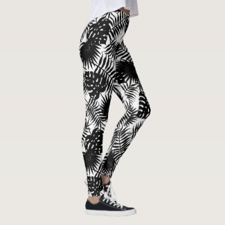Black & white hawaiian leafs pattern, jungle theme leggings