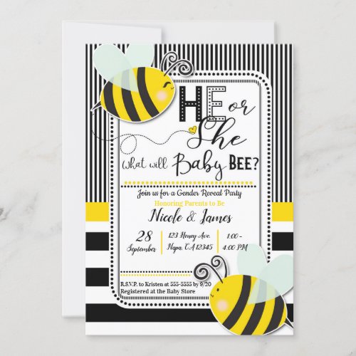 Black White He or She BEE Gender Reveal Shower Invitation