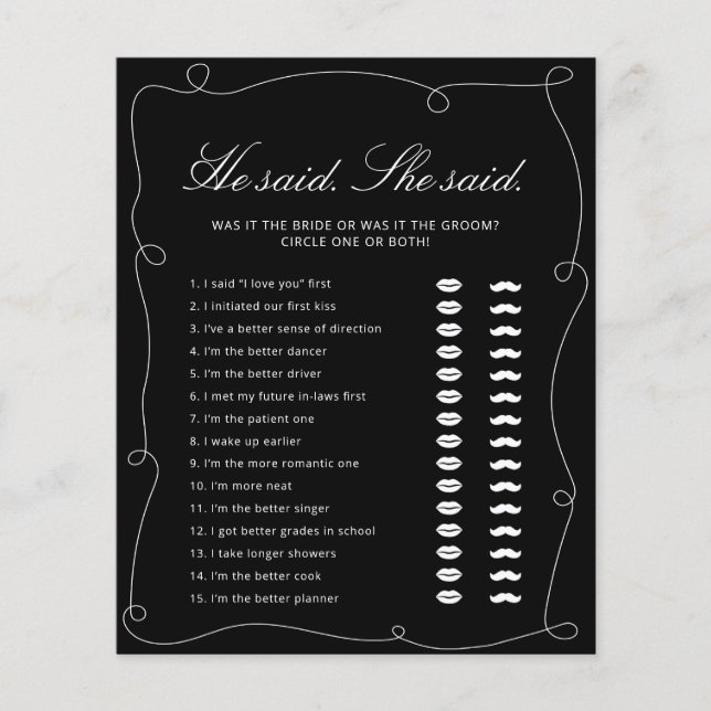 Black & White He said. She Said Bridal Shower Game (Front)