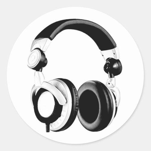 Black  White Headphone Artwork Classic Round Sticker