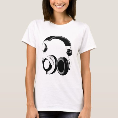 Black  White Headphone Artwork T_Shirt