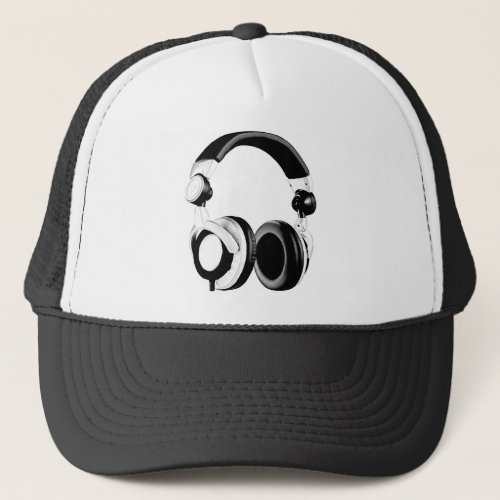 Black  White Headphone Artwork Trucker Hat