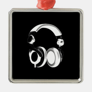 Black & White Headphone Silhouette Metal Ornament