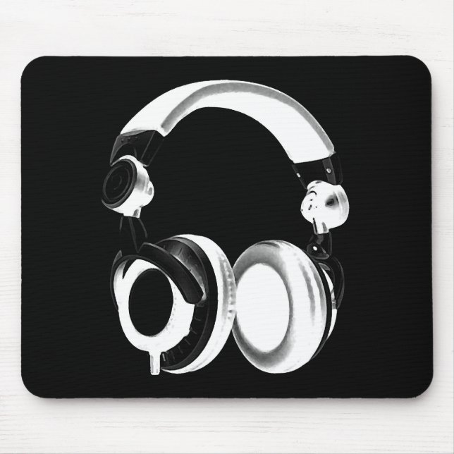 Black & White Headphone Silhouette Mouse Pad (Front)