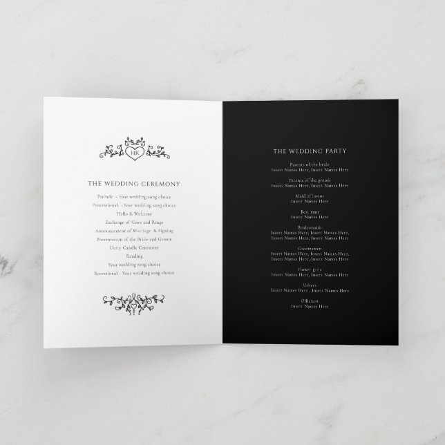 Black white heart and leaf monogram art wedding program (Inside)