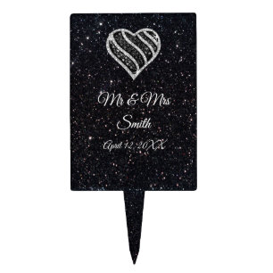 Black & White Heart Black Glitter Wedding Cake Top Topper