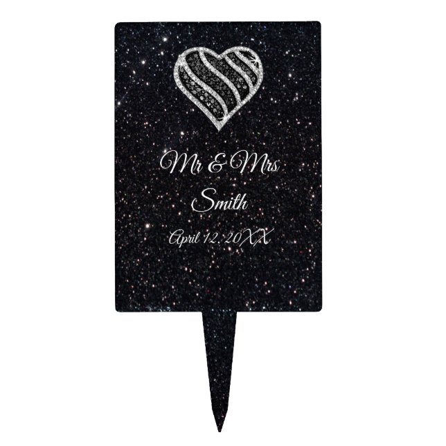 Black & White Heart Black Glitter Wedding Cake Top Topper (Front)