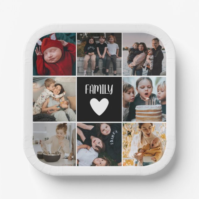 Black White Heart Family Photo Collage Paper Plates (Front)