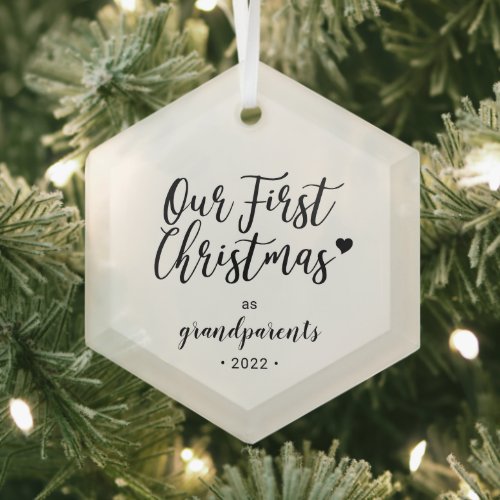 Black  White Heart Grandparents First Christmas Glass Ornament