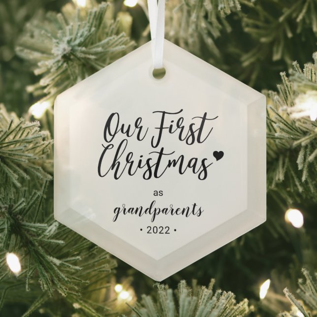 Black & White Heart Grandparents First Christmas Glass Ornament (Insitu)