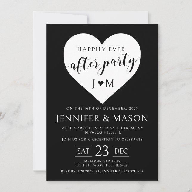 Black white heart  happily ever after party  invitation (Front)