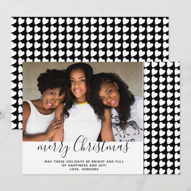 Black & White Heart Merry Christmas Photo Card (Front/Back)