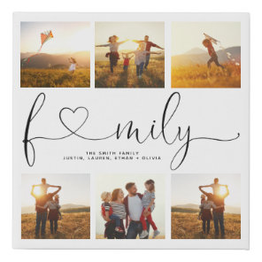 Black & White Heart Script 6 Photo Family Collage Faux Canvas Print