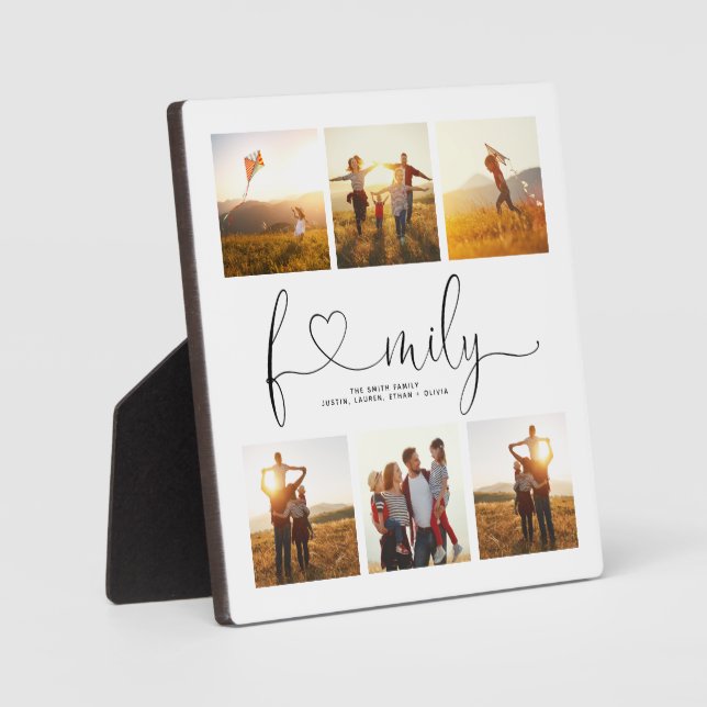 Black & White Heart Script 6 Photo Family Collage Plaque (Front)