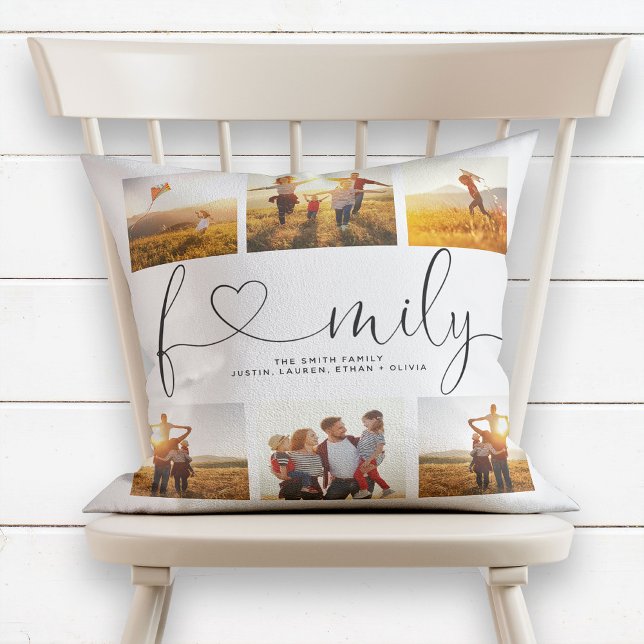 Black & White Heart Script 6 Photo Family Collage Throw Pillow (Creator Uploaded)