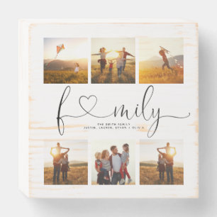 Black & White Heart Script 6 Photo Family Collage Wooden Box Sign