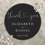 Black White Heart Script Thank You Wedding Favor Classic Round Sticker<br><div class="desc">Elegant black and white heart script thank you sticker personalized with your names and special date. Designed by Thisisnotme©</div>