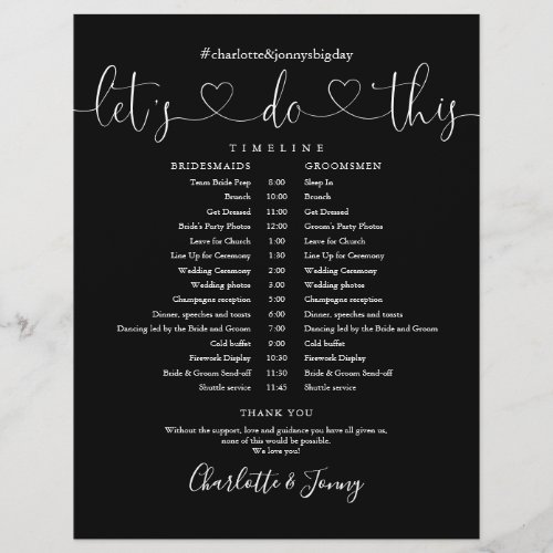 Black White Heart Script Wedding Schedule Timeline
