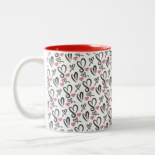 Black & White Heart Seamless Pattern Two-Tone Coffee Mug (Left)