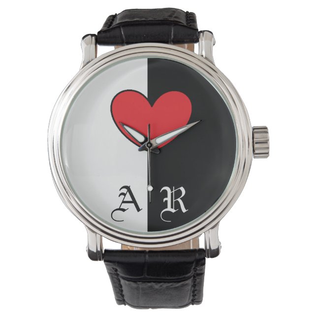 Black White Heart Watch With Initials (Front)