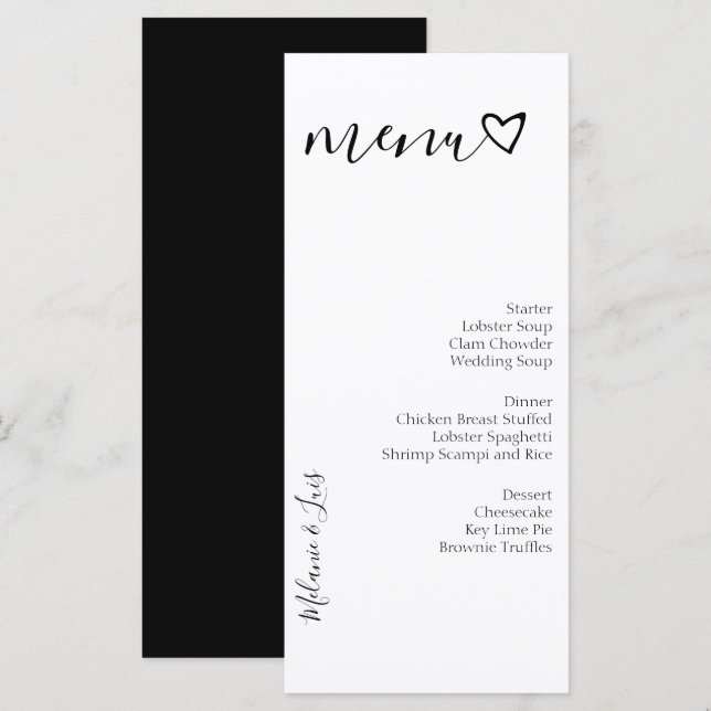 Black White Heart Wedding Menu  (Front/Back)