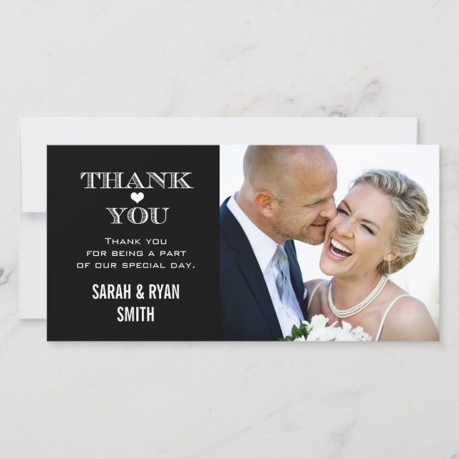 Black & White Heart Wedding Photo Thank You Cards (Front)