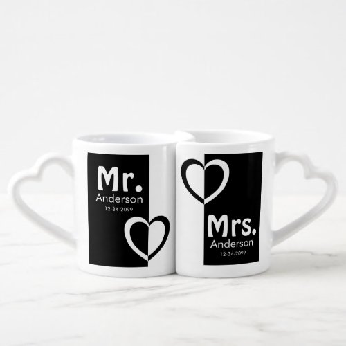 Black white hearts Mr Mrs name wedding date Coffee Mug Set