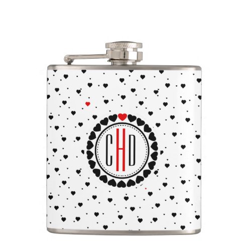 Black  White Hearts Pattern Red Accent Hip Flask