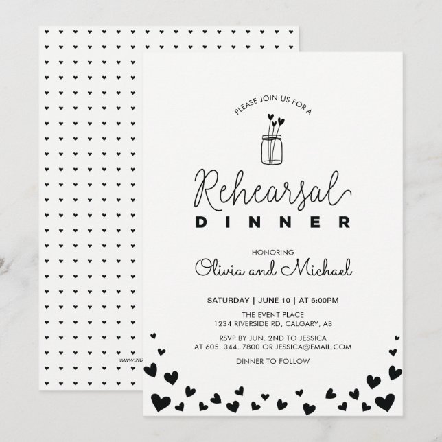 Black & White | Hearts Rehearsal Dinner Invitation (Front/Back)
