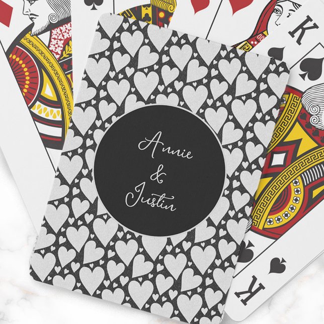 Black White Hearts Valentine Couple's Names Poker Cards (Black and white hearts playing card personalized with couple's names.)