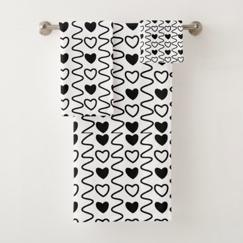 Black White Hearts Valentine Pattern Bath Towel Set