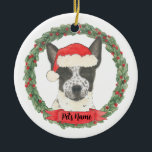 Black & White Heeler Cattledog Christmas Ceramic Ornament<br><div class="desc">Make the nice list this year with a personalized Christmas ornament of your sweet black and white Australian Cattledog Heeler santa elf! For the sweetest gifts,  pair it with a matching art print or another item from my collection!</div>
