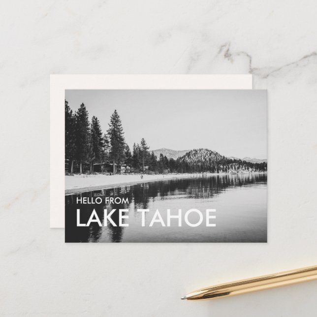 Black & White Hello from Lake Tahoe Postcard (Front/Back In Situ)