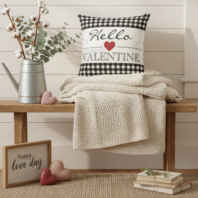 Black & White Hello Valentine Plaid Gingham Throw Pillow (Creator Uploaded)