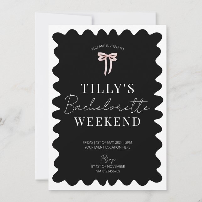 Black White Hen Do Bachelorette Weekend Itinerary  Invitation (Front)