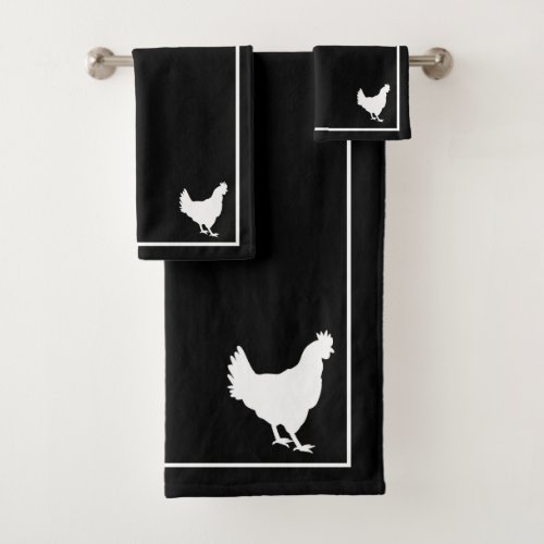 Black  White Hen Silhouette Farmhouse Bath Towel Set