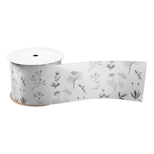 Black & White Herbs Botanical Wildflowers Pattern  Satin Ribbon (Spool)