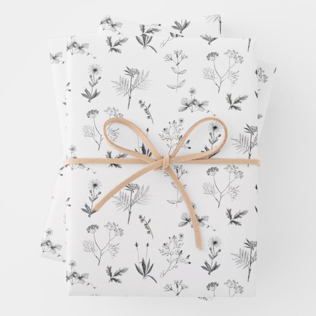 Black & White Herbs Botanical Wildflowers Pattern  Wrapping Paper Sheets (In situ)