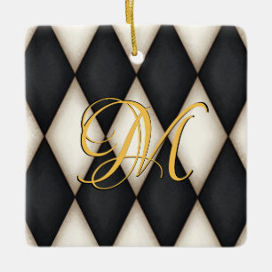 Black & White Herlequin Faux Antique Monogrammed  Ceramic Ornament