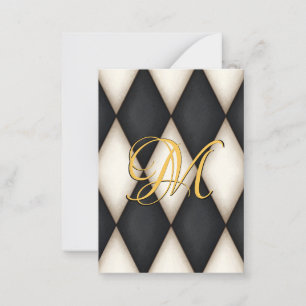 Black & White Herlequin Faux Antique Monogrammed Note Card
