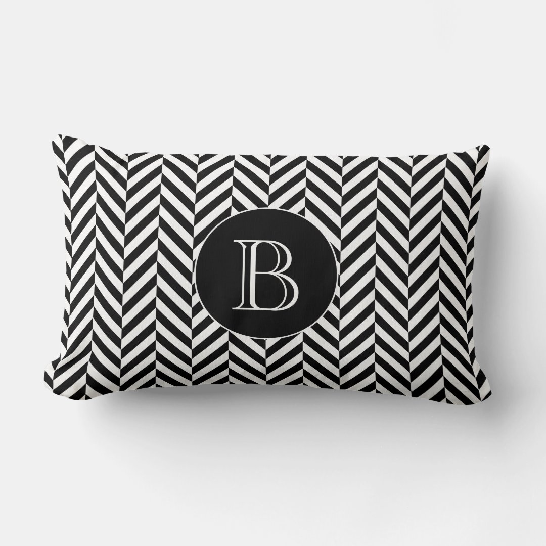Black White Herringbone Pattern Custom Monogram Lumbar Pillow Zazzle