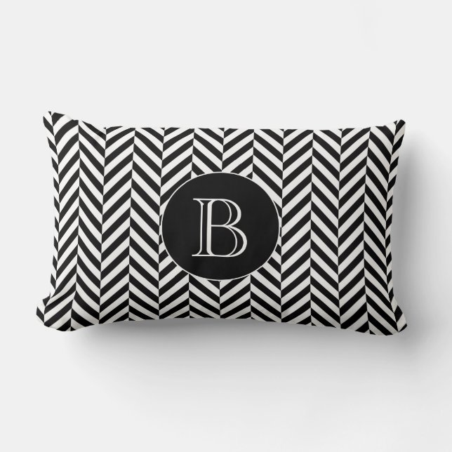 Black White Herringbone Pattern Custom Monogram Lumbar Pillow (Front)