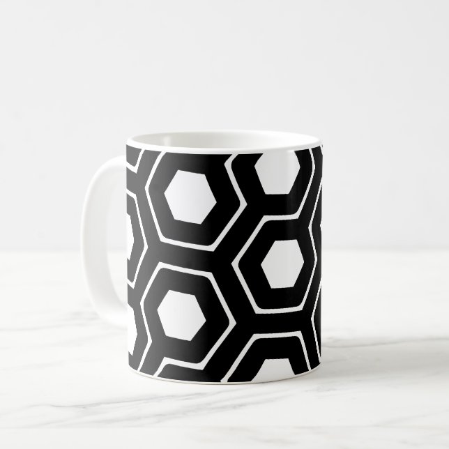 Black White Hexagon Honeycomb Geometric Pattern Coffee Mug (Front Left)